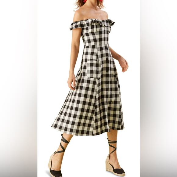 Reformation 100% Linen Ruffle Trim Hattie Dress Checkered Smocked Dress Sz 2 - Picture 1 of 8